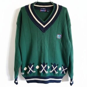 Vintage Hathaway L Mens Intarsia Hand Knit Y2K Green Golf Sweater‎ V Neck